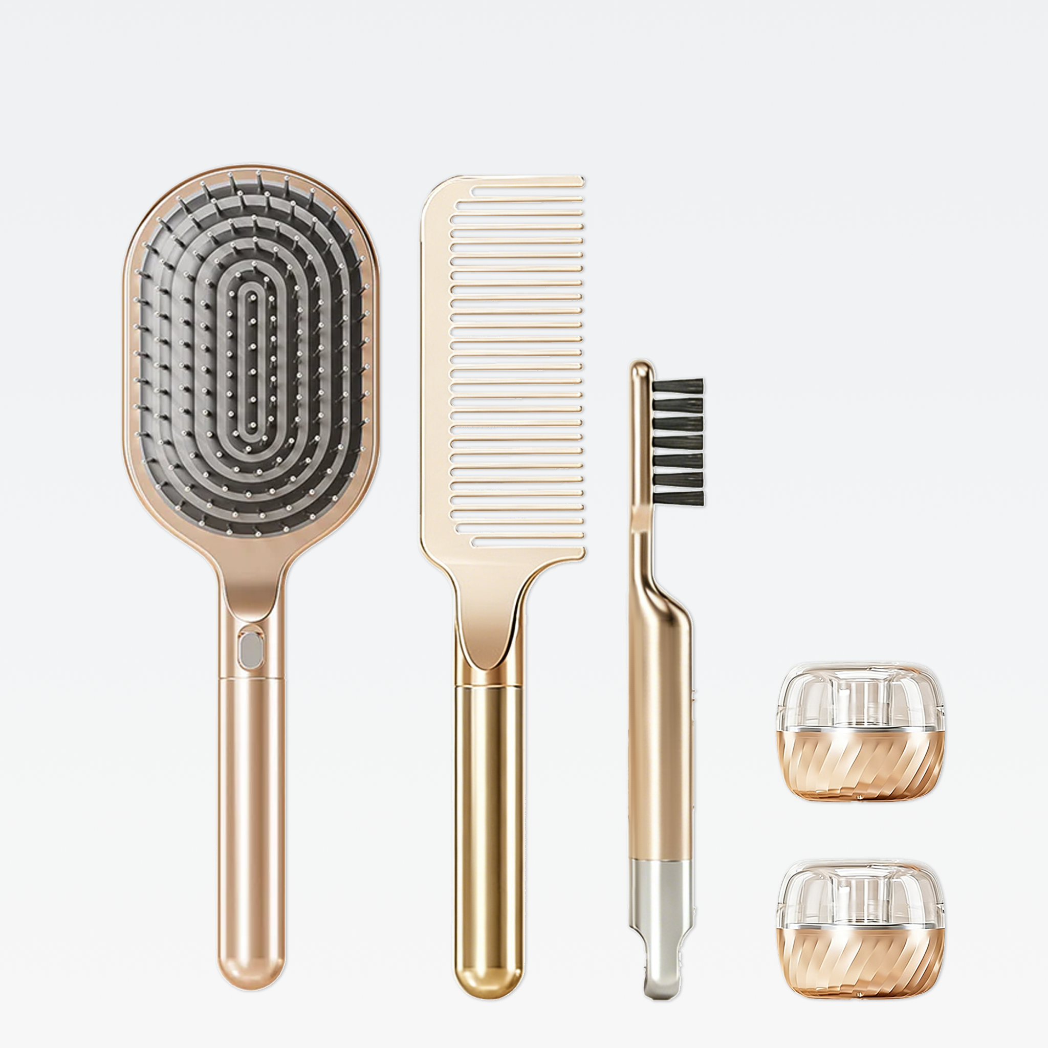 Das komplette 5-teilige Hyeton Haarbürsten-Set in Gold: Paddle-Bürste, breiter Kamm, Reinigungsbürste und Zubehör