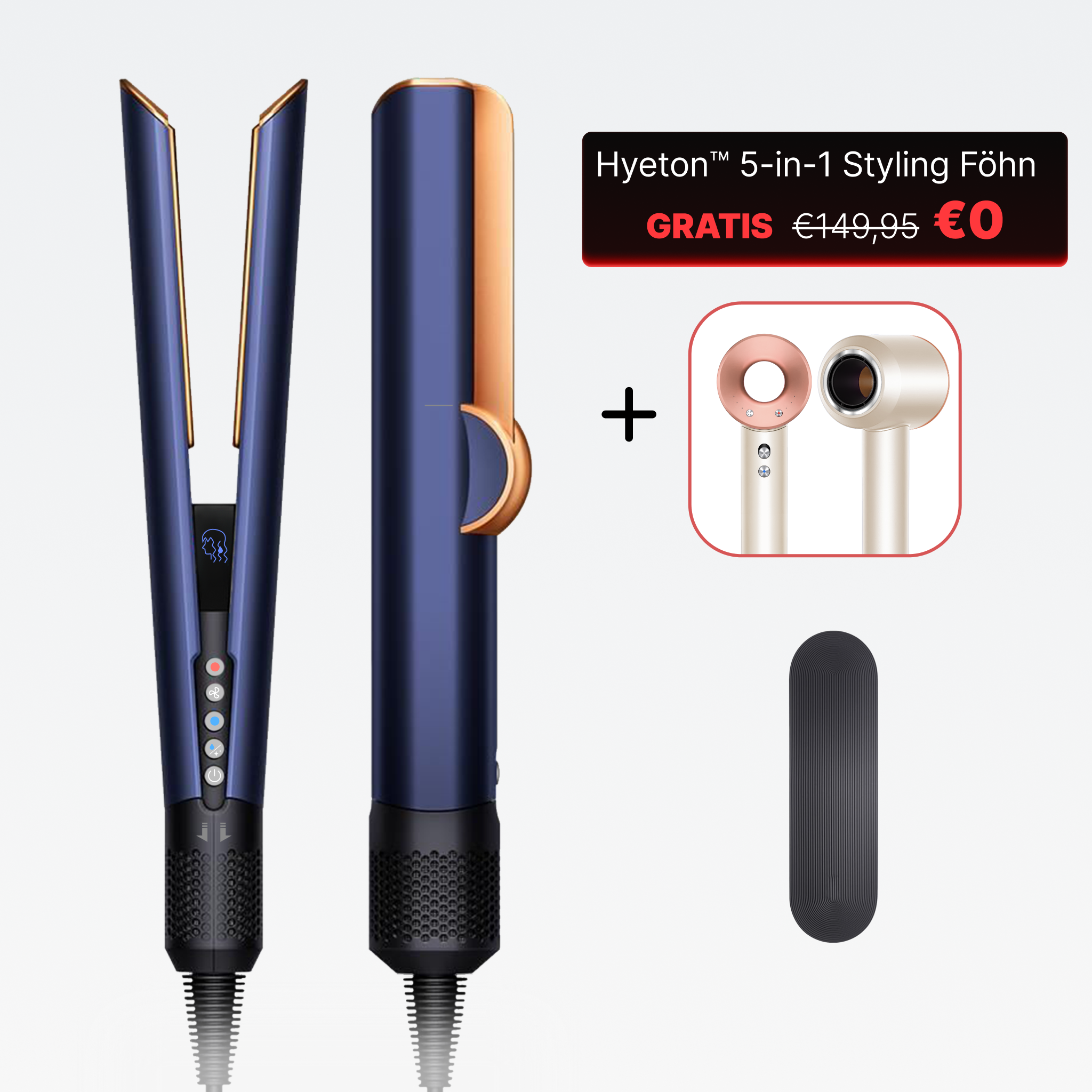 Hyeton Luftglätteisen Set in elegantem Blau-Gold mit gratis 5-in-1 Styling Föhn als Geschenk