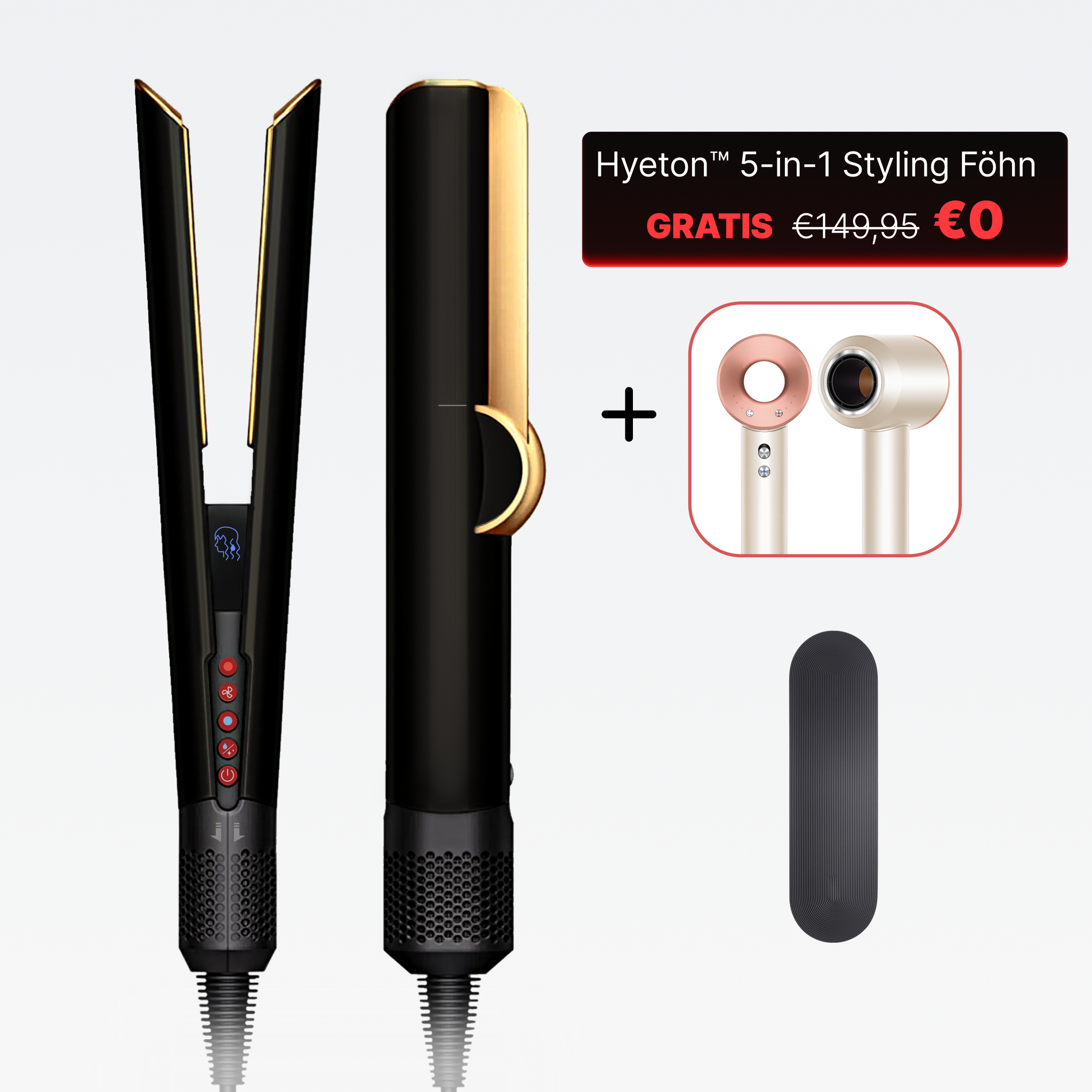 Exklusives Set: Hyeton Profi-Glätteisen LUFTGLÄTTE in Schwarz-Gold mit kostenlosem 5-in-1 Styling Föhn