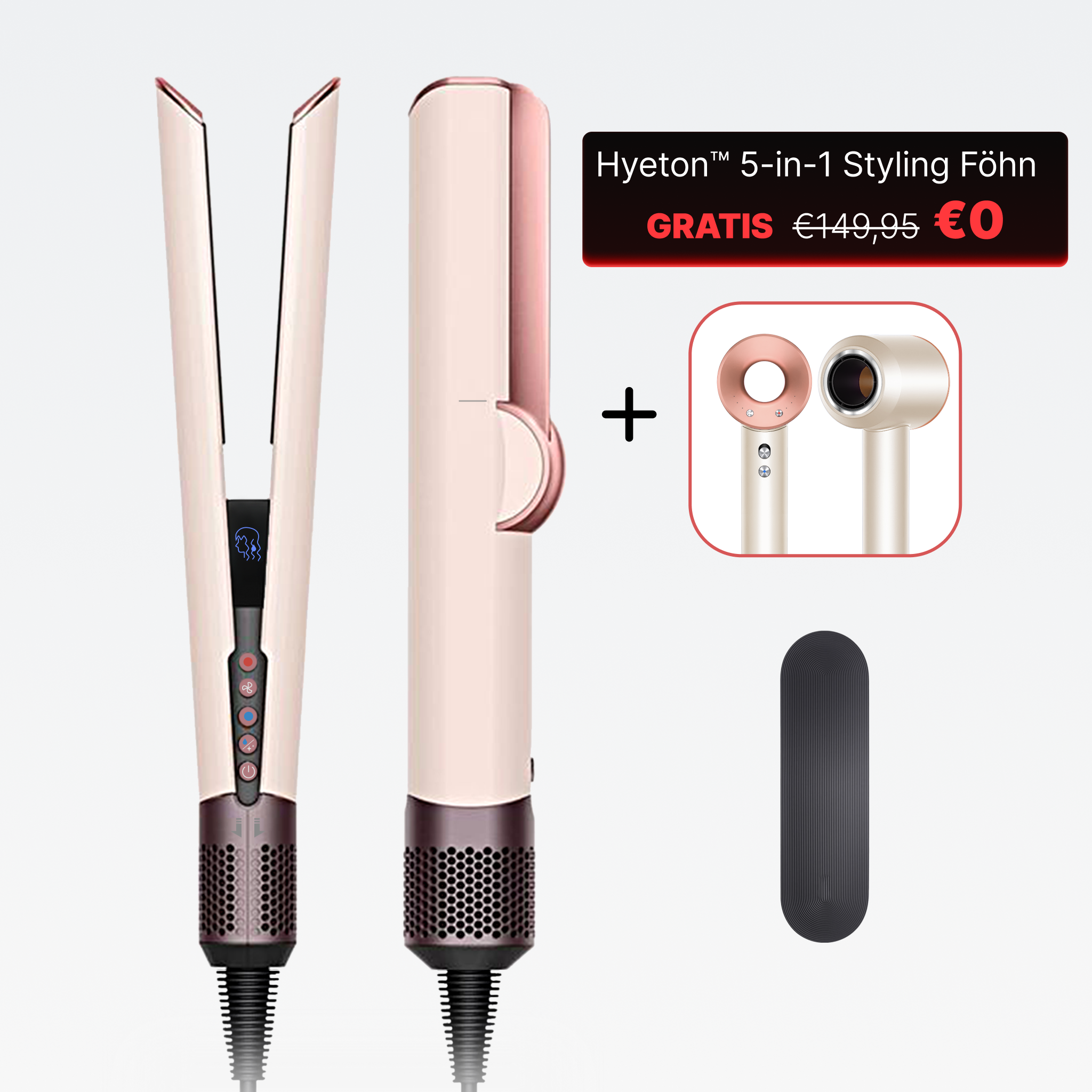 Aktions-Bundle: Hyeton 2-in-1 Luftglätte in Weiß-Roségold inklusive gratis 5-in-1 Styling Föhn
