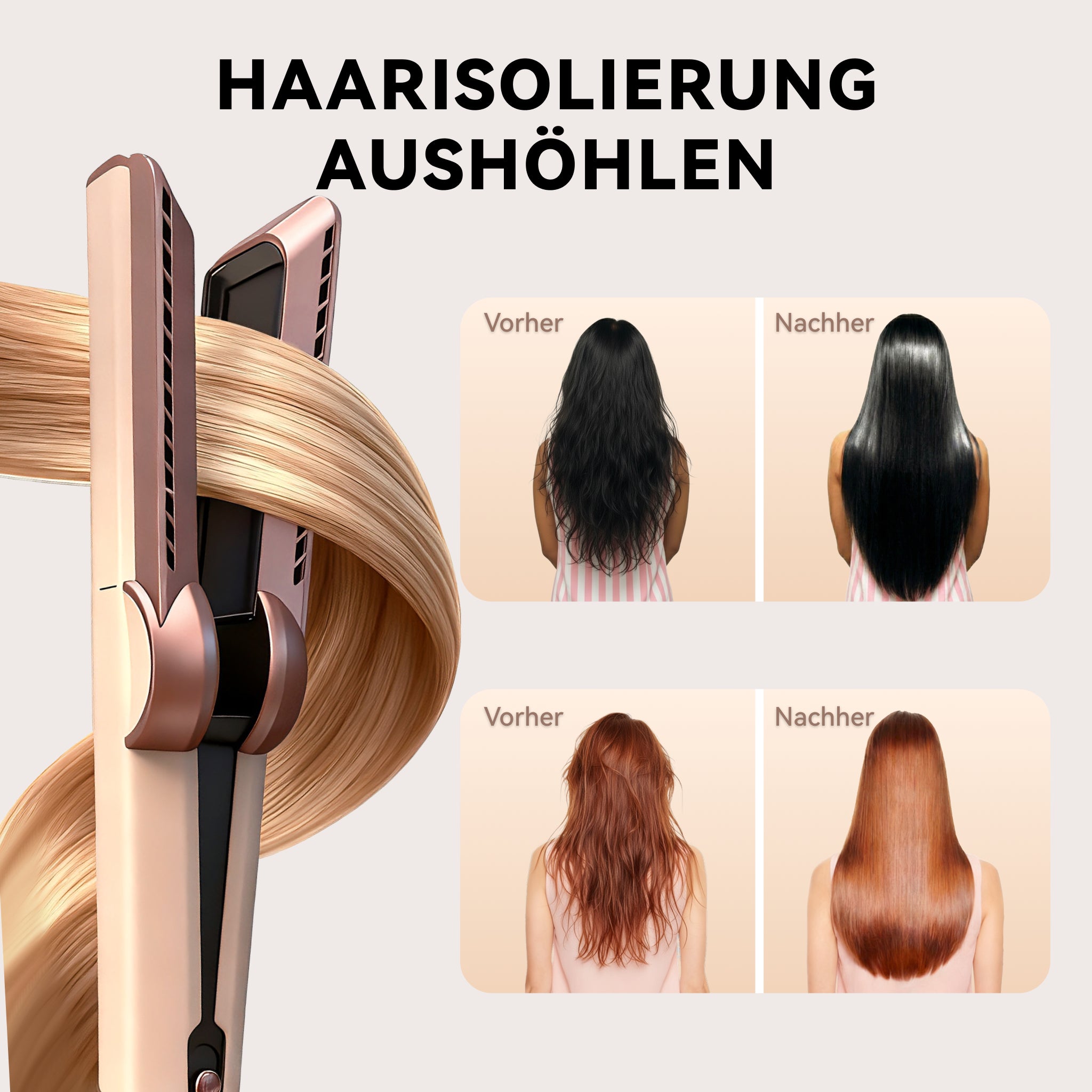 Vorher-Nachher-Vergleich: Von krausem zu perfekt glattem Haar mit dem Hyeton 2-in-1 Luftglätteisen