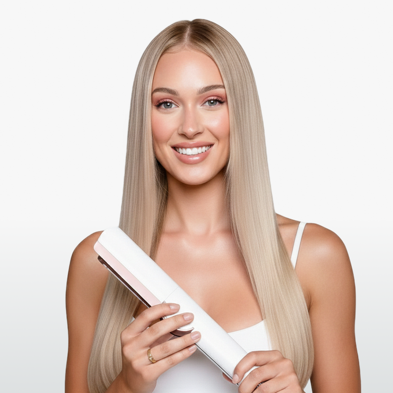 Frau mit perfekt glatten blonden Haaren präsentiert das weiße Hyeton Profi-Glätteisen LUFTGLÄTTE