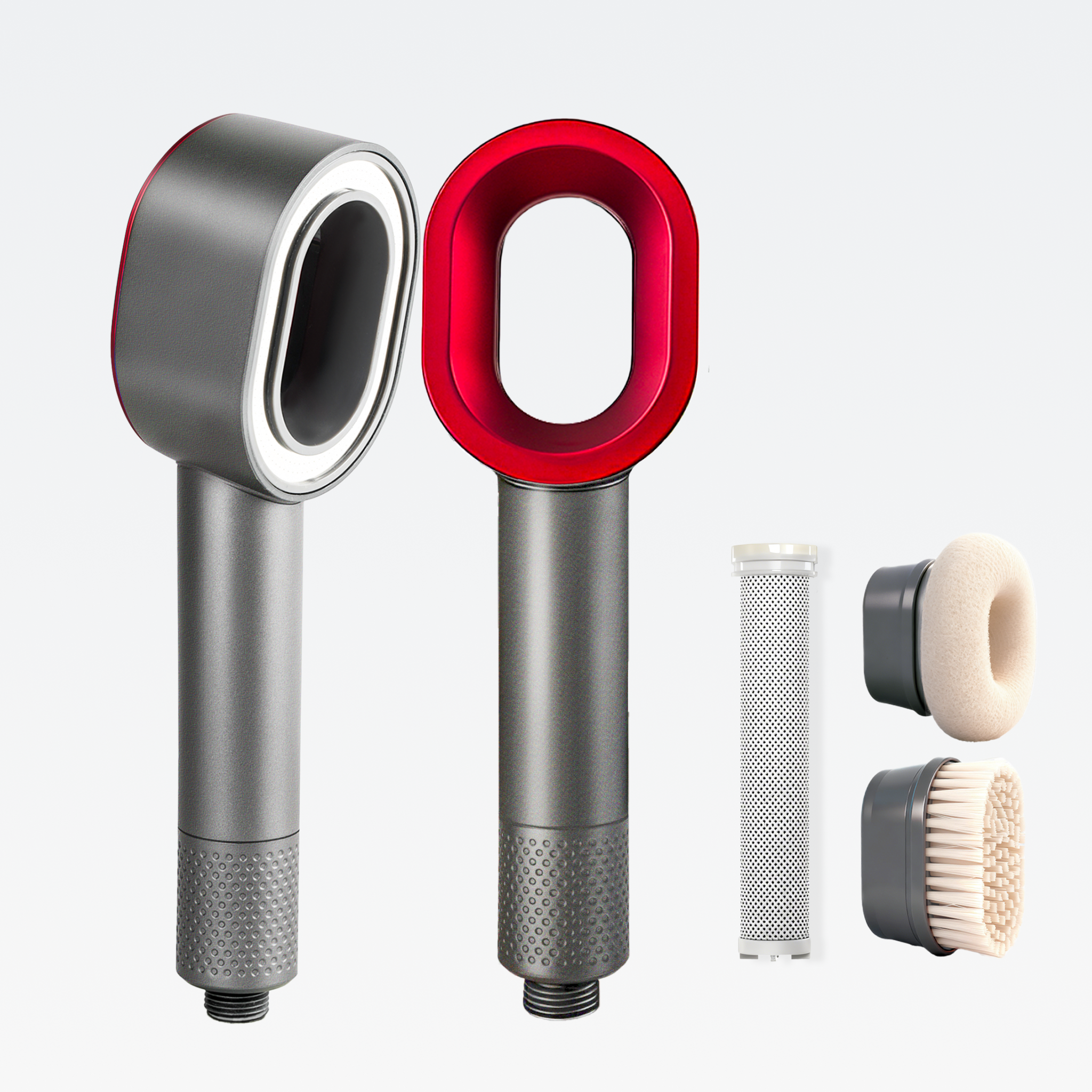 Hyeton 3-in-1 Filter-Duschkopf PUREFLOW in Grau-Rot inklusive austauschbarer Filterpatrone und Bürstenaufsätzen