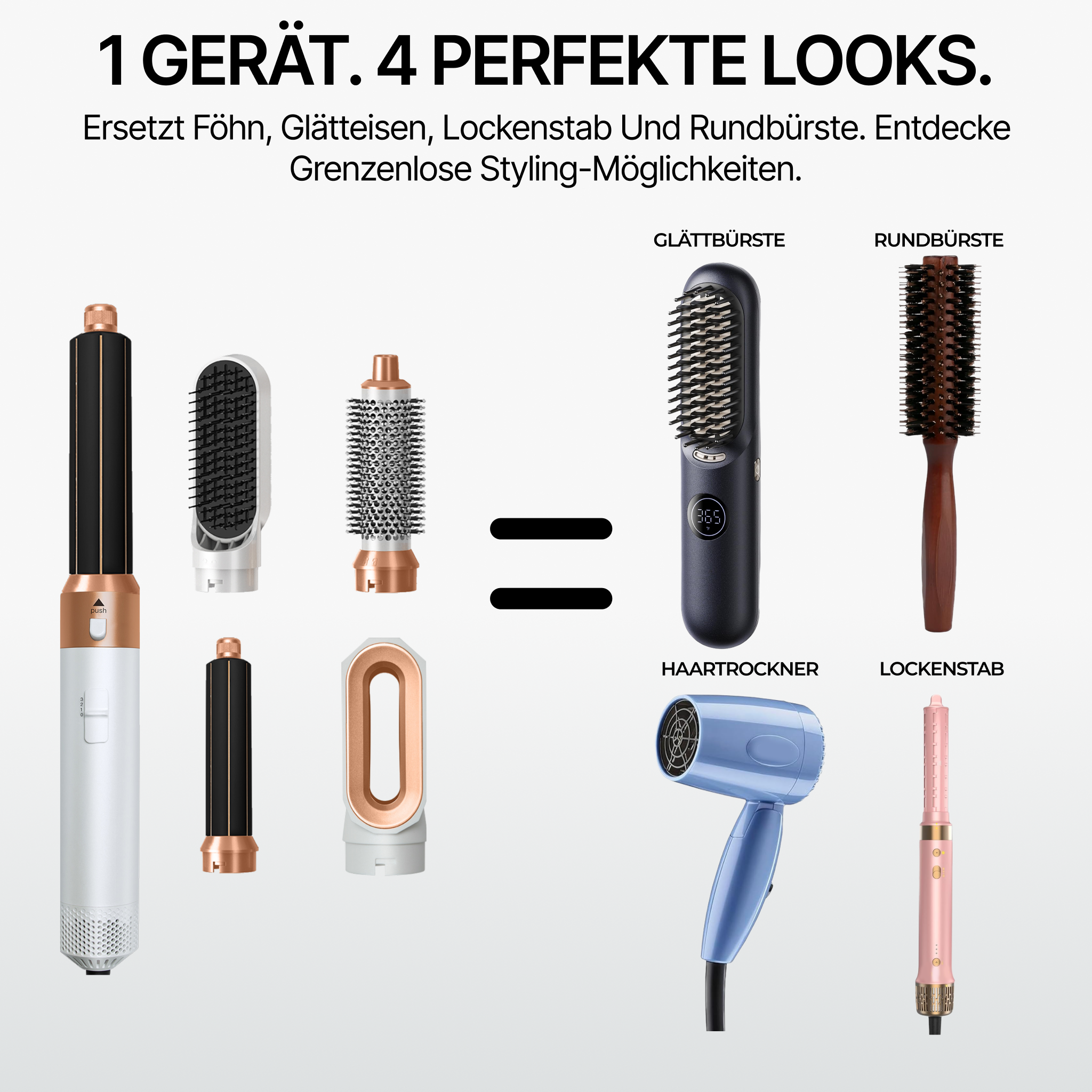 Infografik: Ein Hyeton™ Gerät für 4 perfekte Looks. Ersetzt Föhn, Glätteisen, Lockenstab und Rundbürste. Multifunktionales Haarstyling-Set für grenzenlose Möglichkeiten