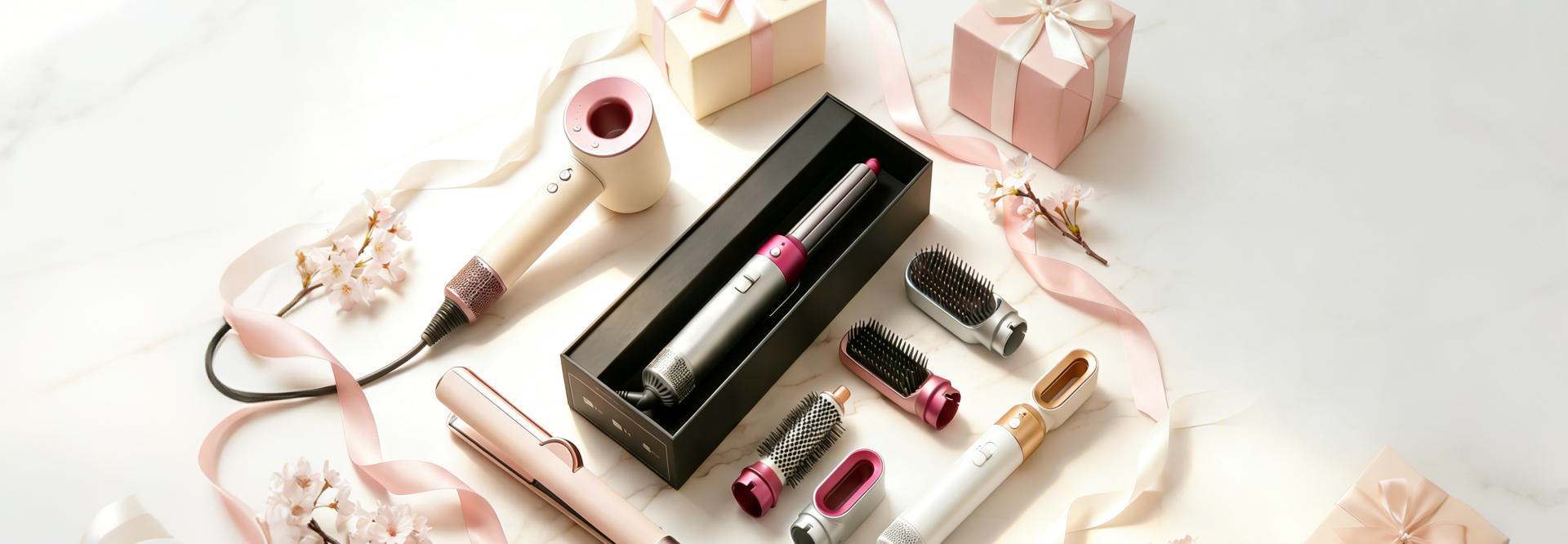 Hyeton™ Premium 5-in-1 Haarstyler Komplett-Set in edler Geschenkbox mit Kirschblüten-Dekor. Profi Haarstyling-Kollektion inklusive Warmluftbürste und Lockenstab-Aufsätzen.