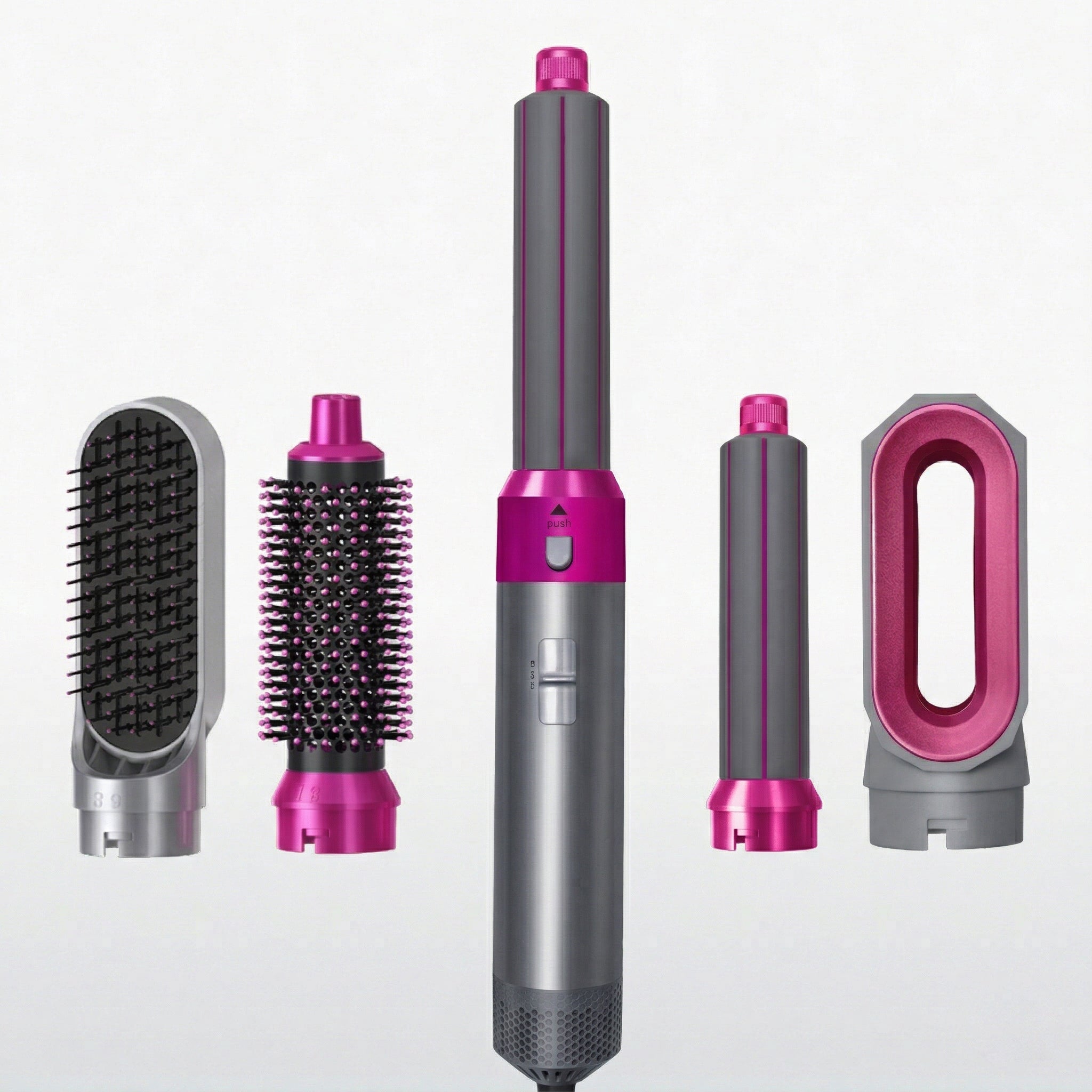 Das komplette Hyeton 5-in-1 Haarstyler Set in Grau-Pink mit Föhn, Glättbürste, Volumenbürste und Lockenaufsätzen