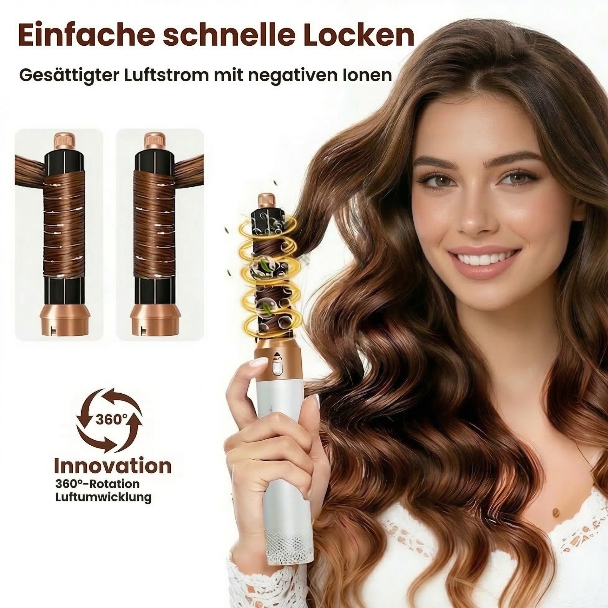 Frau macht einfache und schnelle Locken mit der innovativen 360-Grad-Luftumwicklung des Hyeton Lockenaufsatzes