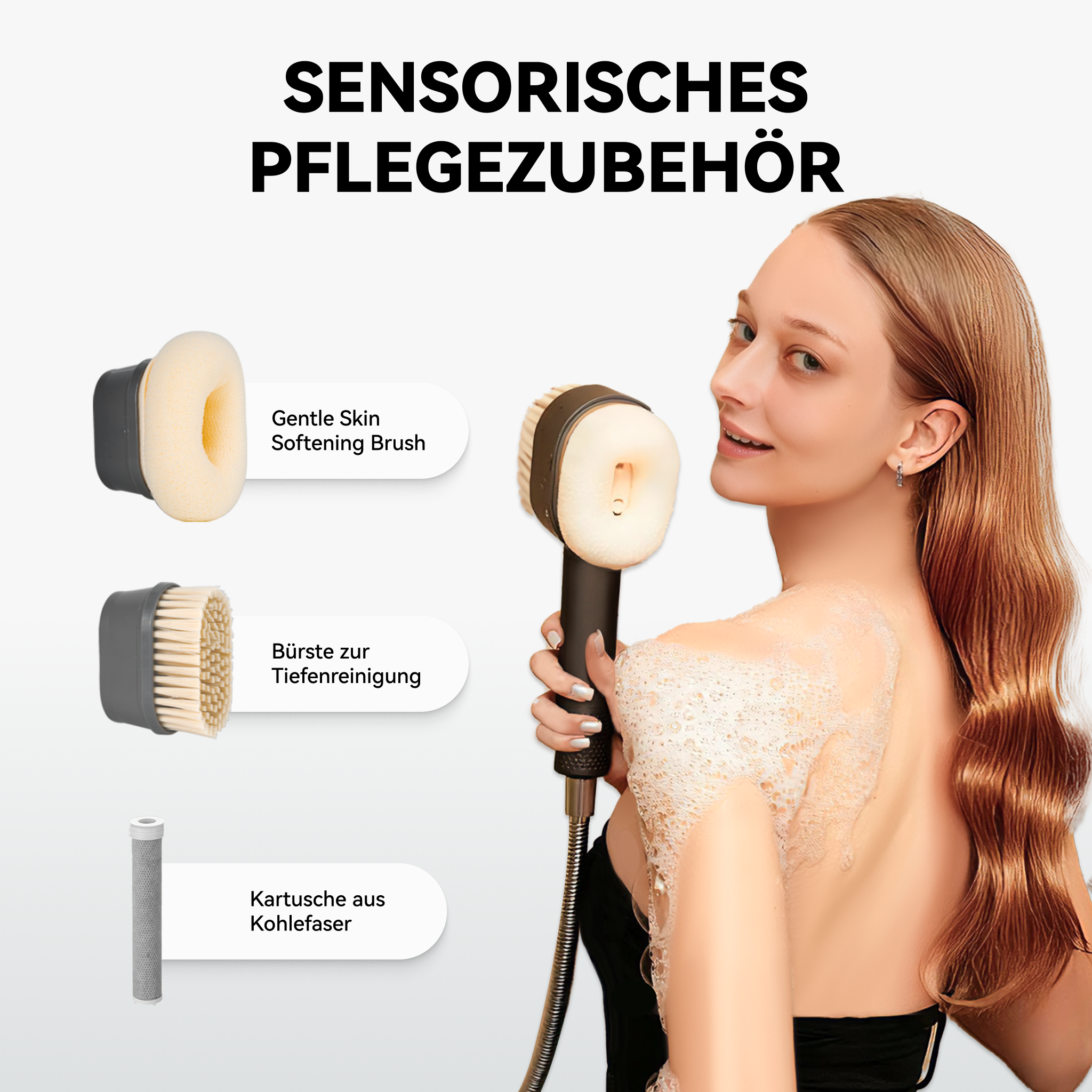 Pflegezubehör des Hyeton 3-in-1 Duschkopfs: Hautweichmachende Bürste, Tiefenreinigungsbürste und Kohlefaserfilter