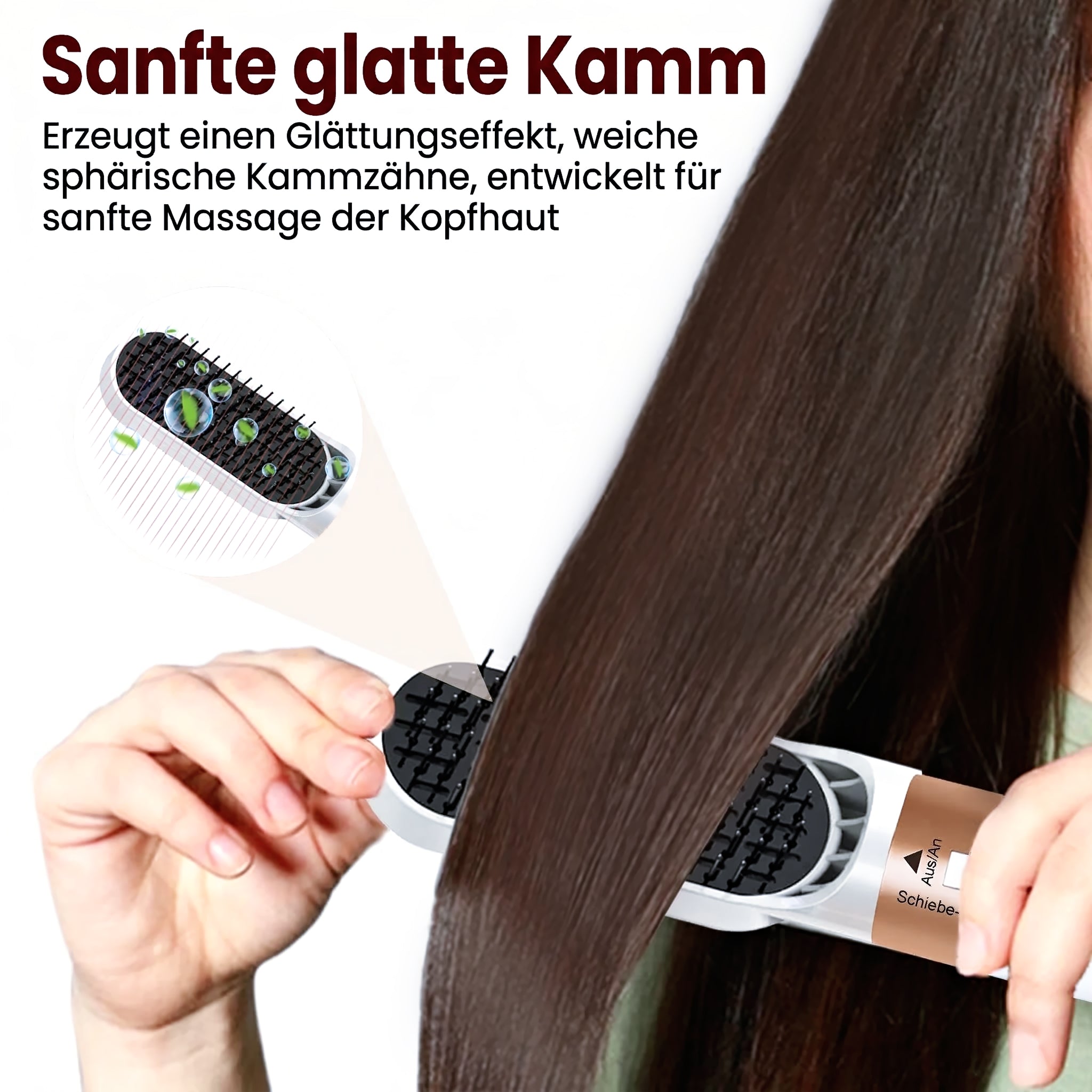 Anwendung der Hyeton Glättbürste mit weichen Borsten für einen sanften Glättungseffekt und angenehme Massage der Kopfhaut
