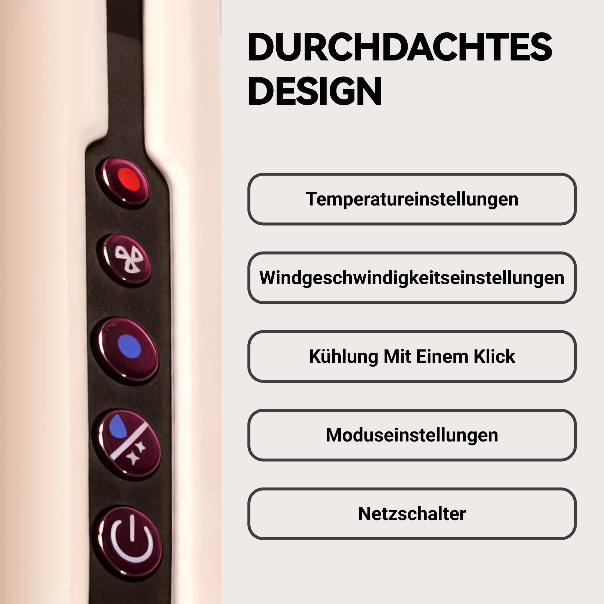 Durchdachtes Design des Hyeton Luftglätteisens mit intuitiven Tasten für Windgeschwindigkeit und Moduseinstellungen