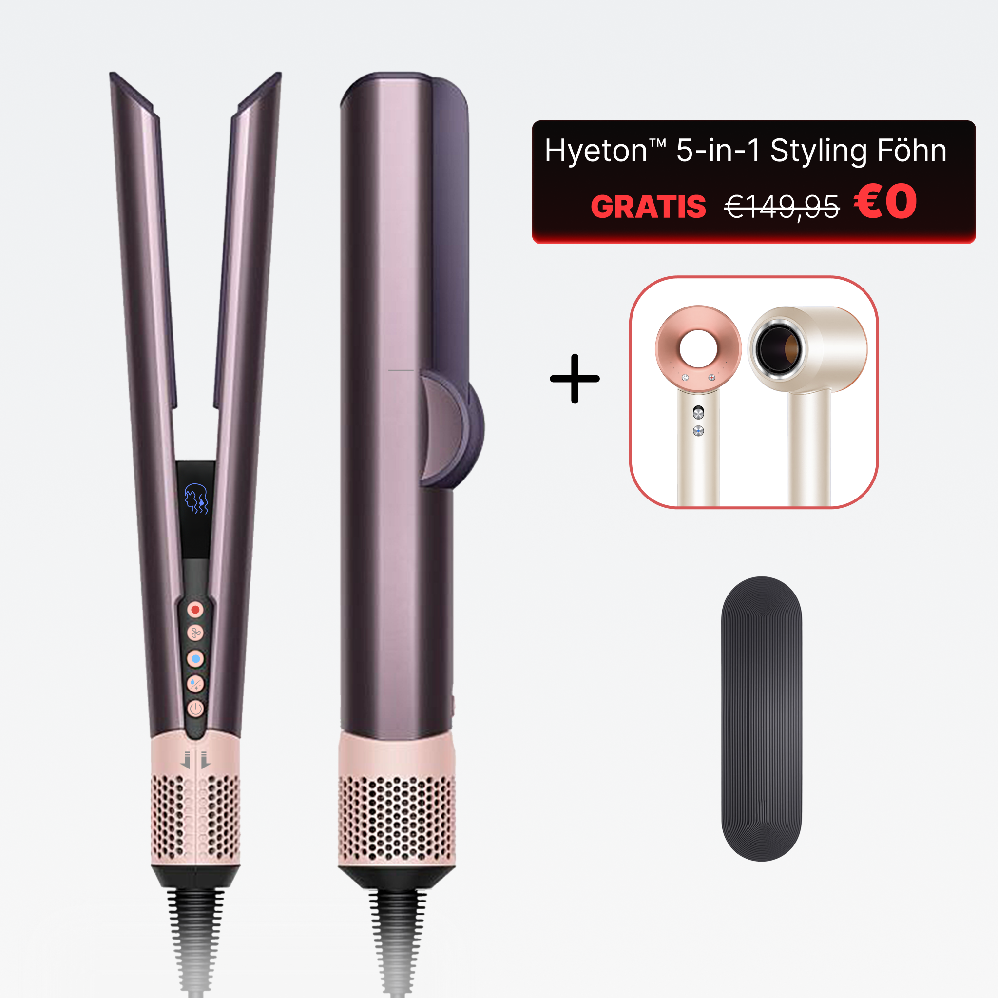 Hyeton 2-in-1 Luftglätteisen Bundle in Lila-Roségold mit gratis 5-in-1 Styling Föhn Geschenk