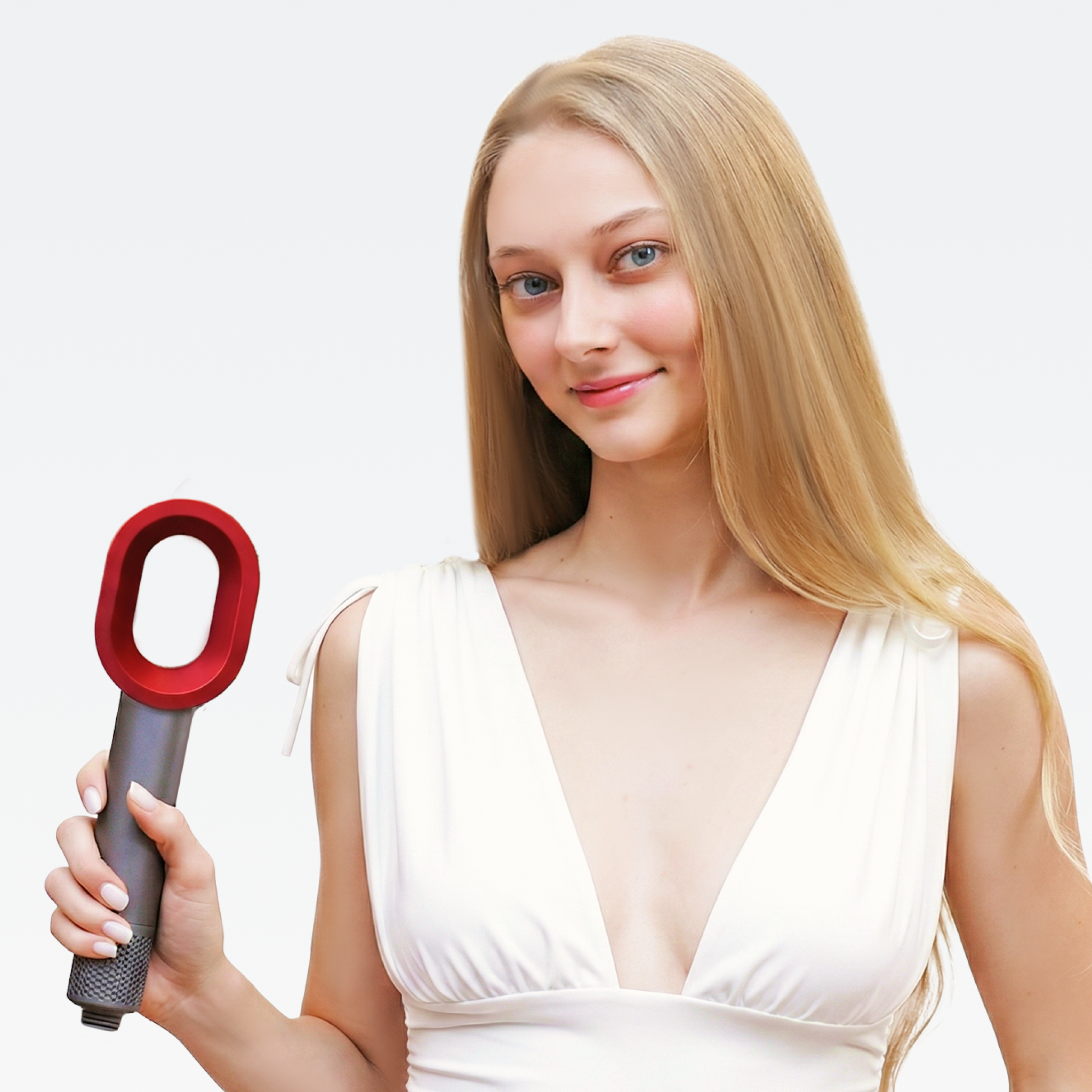 Hyeton Marketingbild für den 5-in-1 Multistyler. Modell hält die Weiß-Gold Föhnbürste. Details zeigen das durchdachte, ergonomische und leistungsstarke Design für präzises Haarstyling.